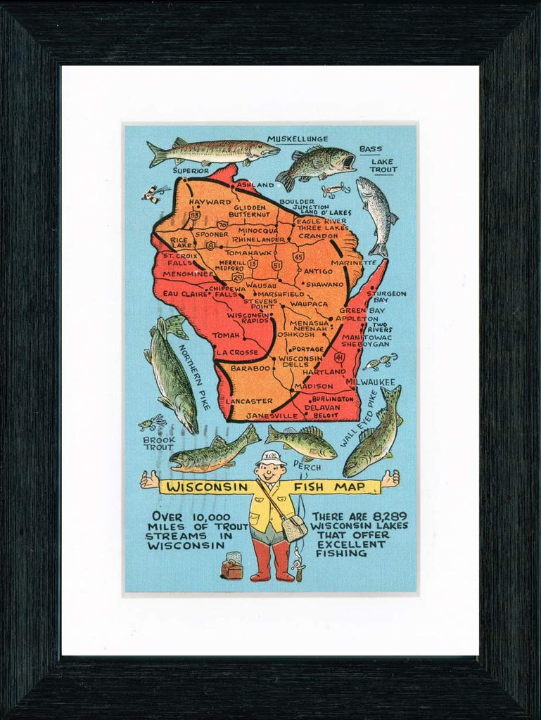 Vintage Postcard Front - Wisconsin Fishing Map "10,000 Miles of Trout"