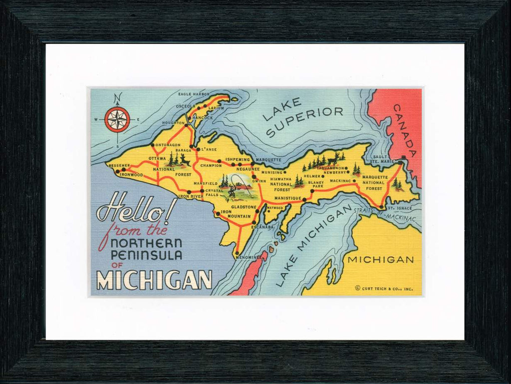 Vintage Postcard Front - Upper Peninsula Michigan Map